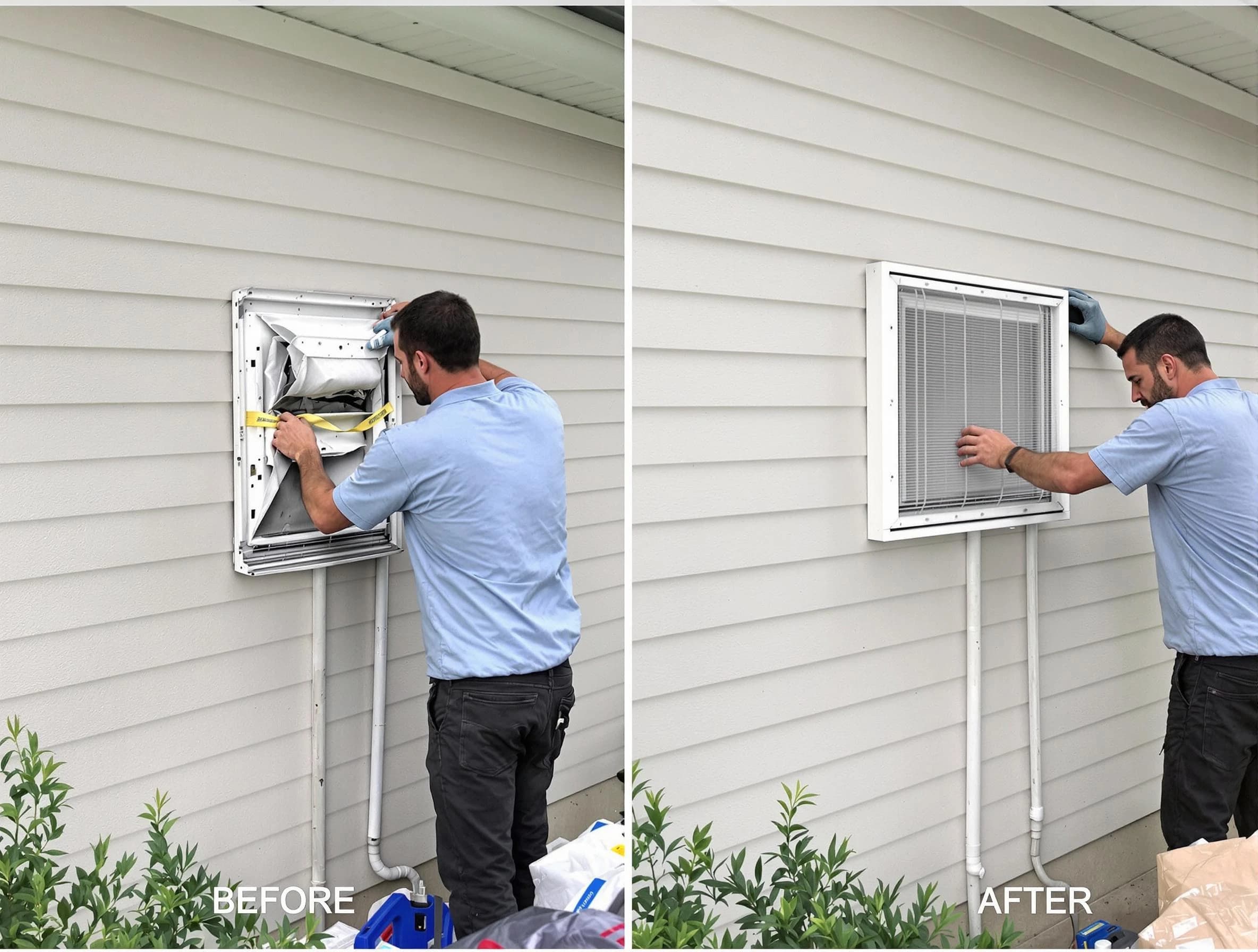 Lafayette Dryer Vent Cleaning technician installing high-quality dryer vent cover at a residential property in Lafayette